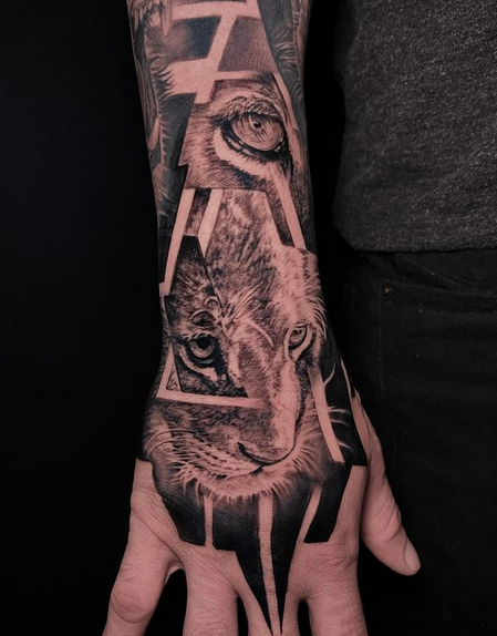 Tattoos - Lion Collage Hand Tattoo - 143842